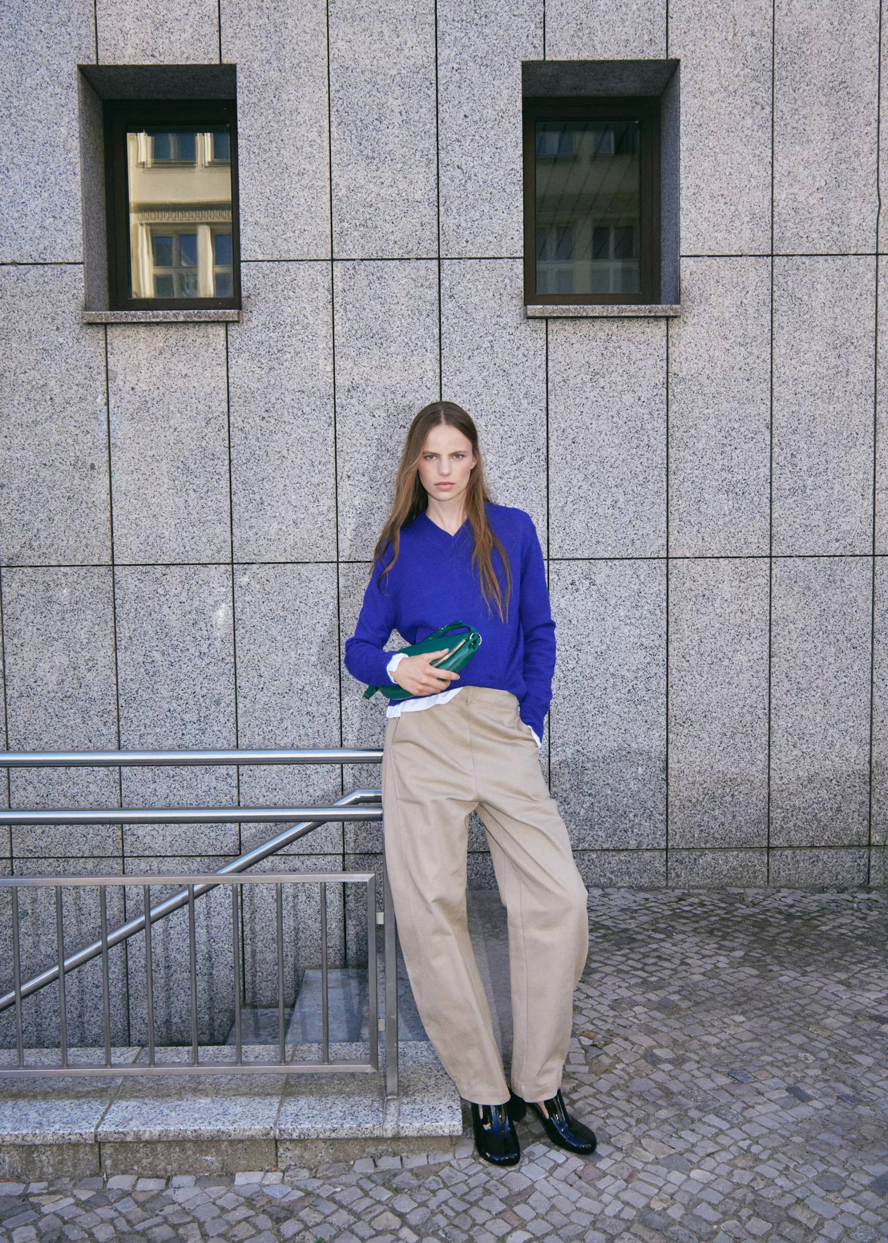Beige Trousers with Royal Blue Sweater and White Shirt — Minimalist Winter Outfits