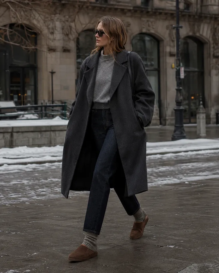 Oversized Charcoal Wool Coat with Suede Clogs — Winter Streetwear Outfits