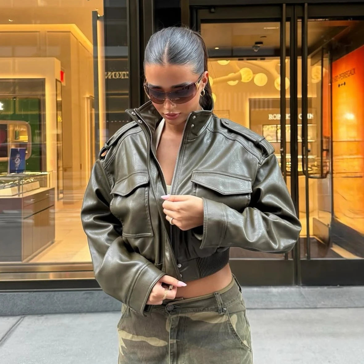 Streetwear Edge with Cropped Faux Leather and Camo — Baddie Winter Outfits
