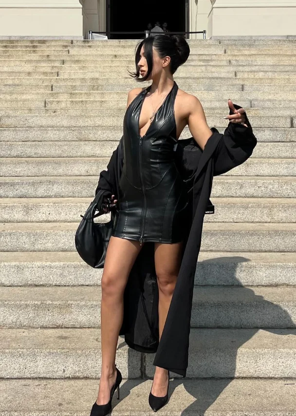 Leather Halter Dress with Front Zipper and Long Coat — Baddie Winter Outfits