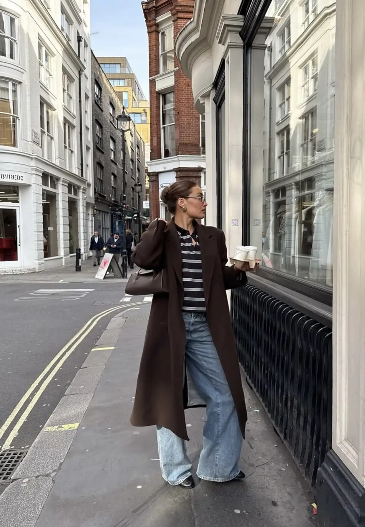 Wool Coat and Striped Top with Wide-Leg Jeans — Preppy Winter Outfits