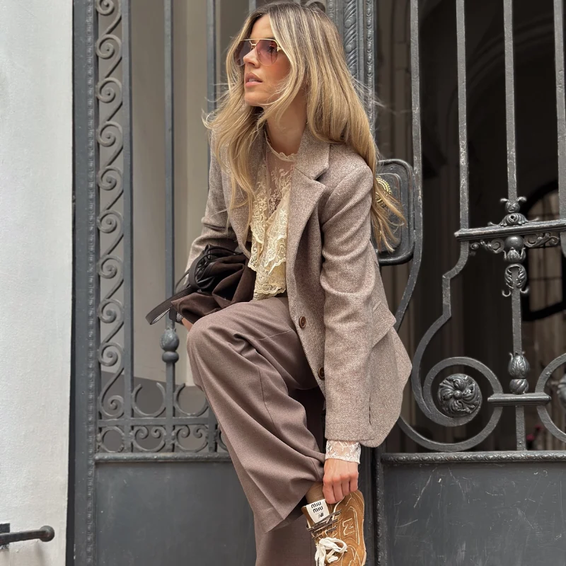 Tweed Blazer with Wide-Leg Trousers and Lace Blouse Tweed Blazer with Wide-Leg Trousers and Lace Blouse — Boho Winter Outfits