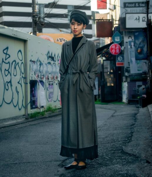 Belted Grey Patterned Long Coat with Wide-Leg Pants — Korean Winter Outfits