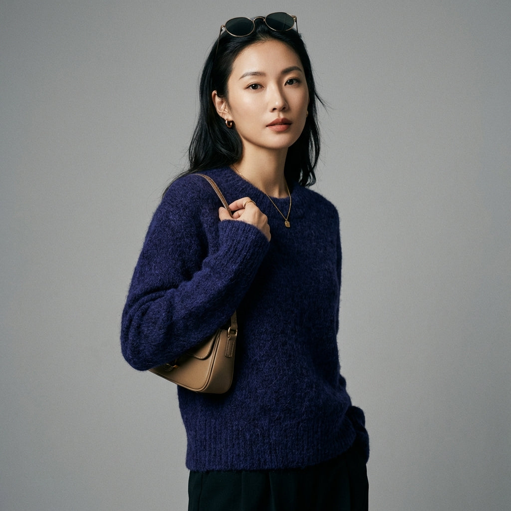 Chic Dark Blue Knit Sweater with Black Trousers — Korean Winter Outfits