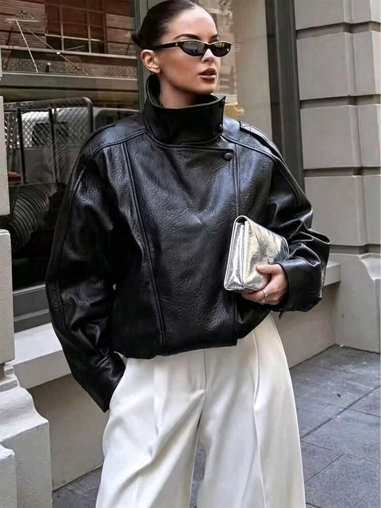 Chic Oversized Faux Leather Jacket with White Wide-Leg Pants Chic Oversized Faux Leather Jacket with White Wide-Leg Pants — Winter Jackets for Women