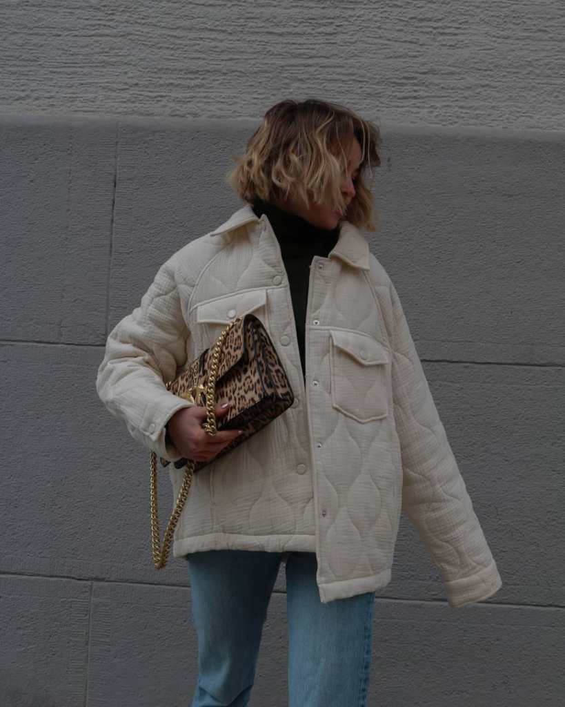 Cream Quilted Jacket Over a Turtleneck with Denim Cream Quilted Jacket Over a Turtleneck with Denim — Winter Jackets for Women