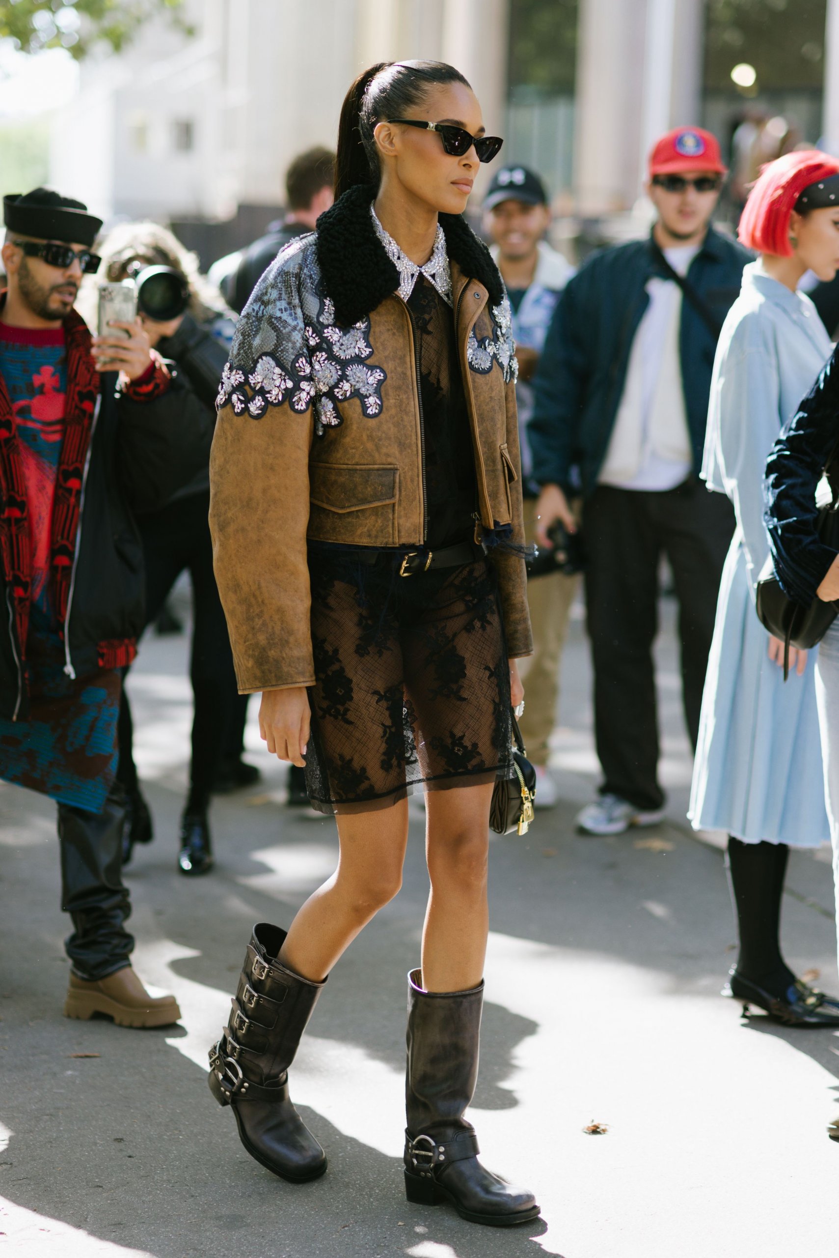 Biker Boots with Lace Mini Dress and Shearling Jacket — Winter Boots Outfits