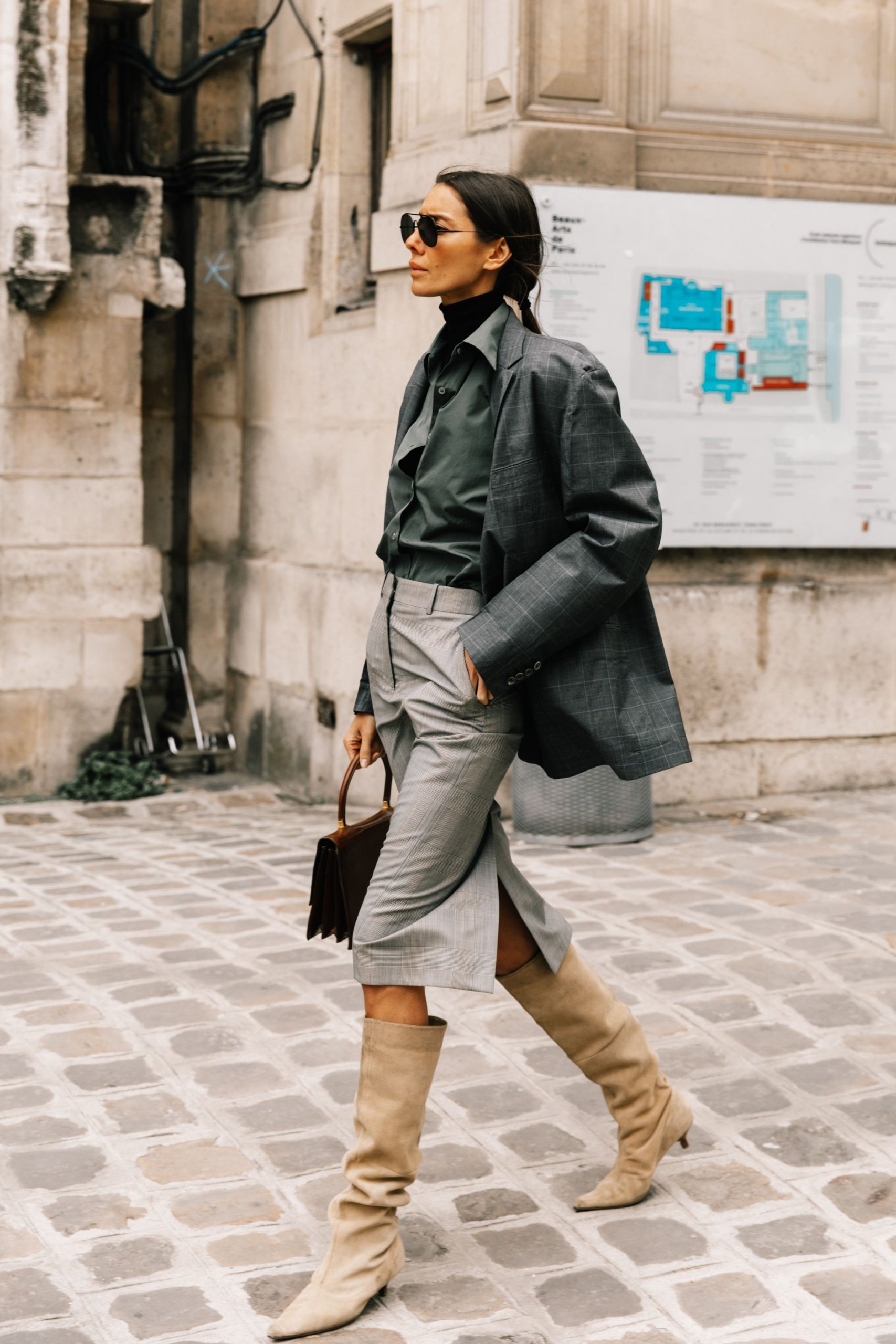 Beige Knee-High Boots with Plaid Blazer and Midi Skirt — Winter Boots Outfits