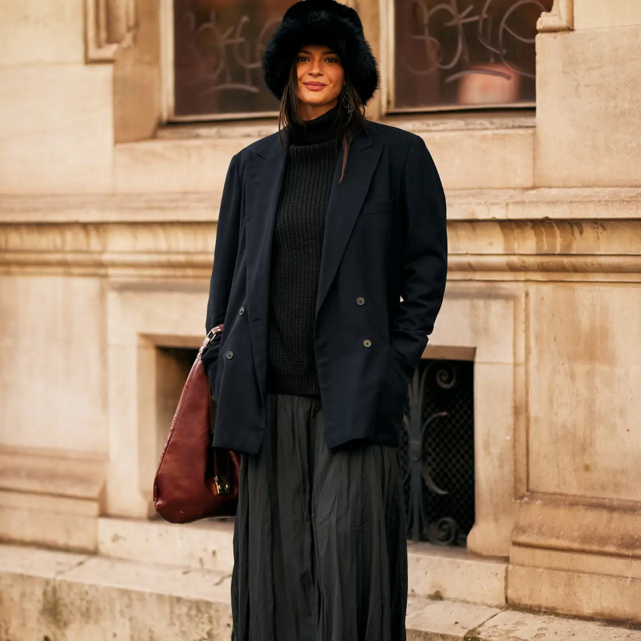 Black Knit Turtleneck with Navy Blazer and Pleated Skirt — Winter Dress Outfits