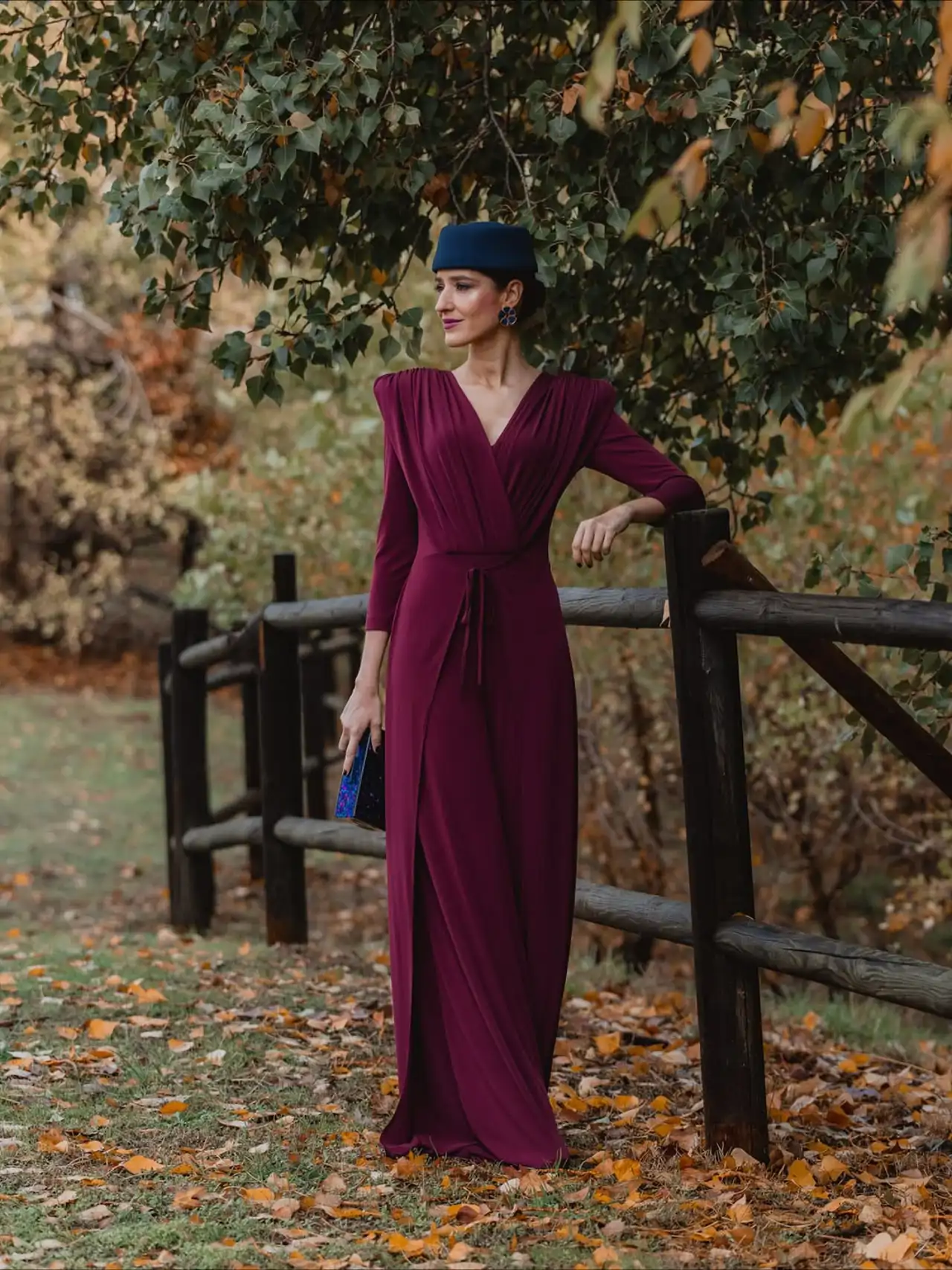 Burgundy Crepe Wrap Dress with Blue Beret — Winter Dress Outfits