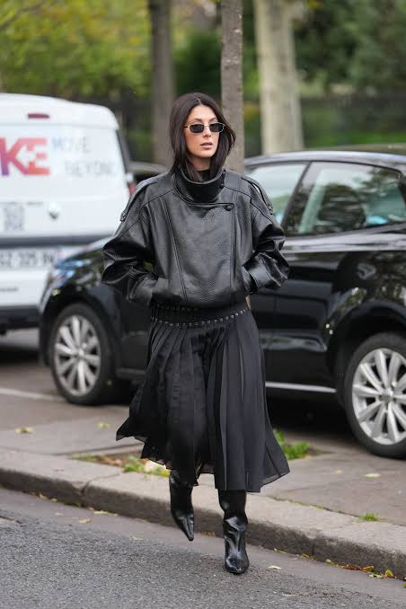 All-Black Pleated Midi Skirt with Leather Biker Jacket — Winter Skirt Outfits