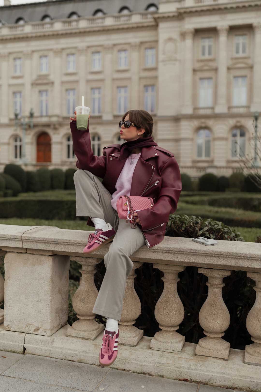 Moto Jacket and Knit Sweater with Burgundy Sneakers Moto Jacket and Knit Sweater with Burgundy Sneakers — Winter Outfits with Sneakers