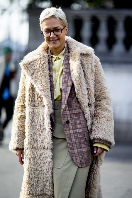 Faux Fur Coat Over Plaid Blazer and Collared Shirt — Winter Layering Outfits