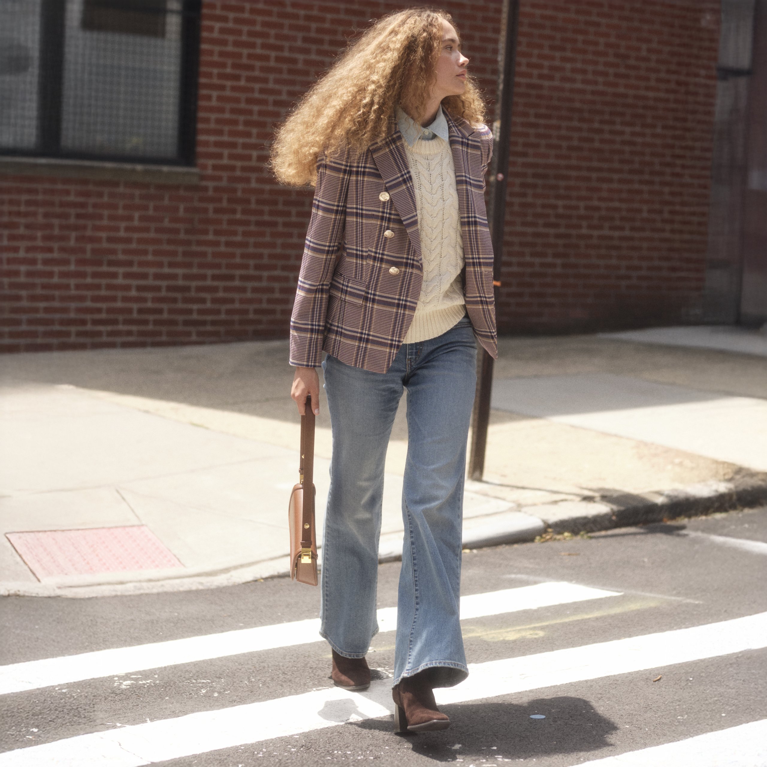 Plaid Blazer Over Cable Knit and Collared Shirt with Flare Jeans — Winter Layering Outfits