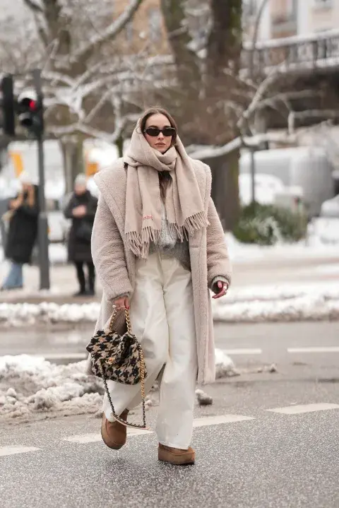 Beige Teddy Fleece Coat with Wide-Leg Trousers and Knit Sweater — Winter Layering Outfits