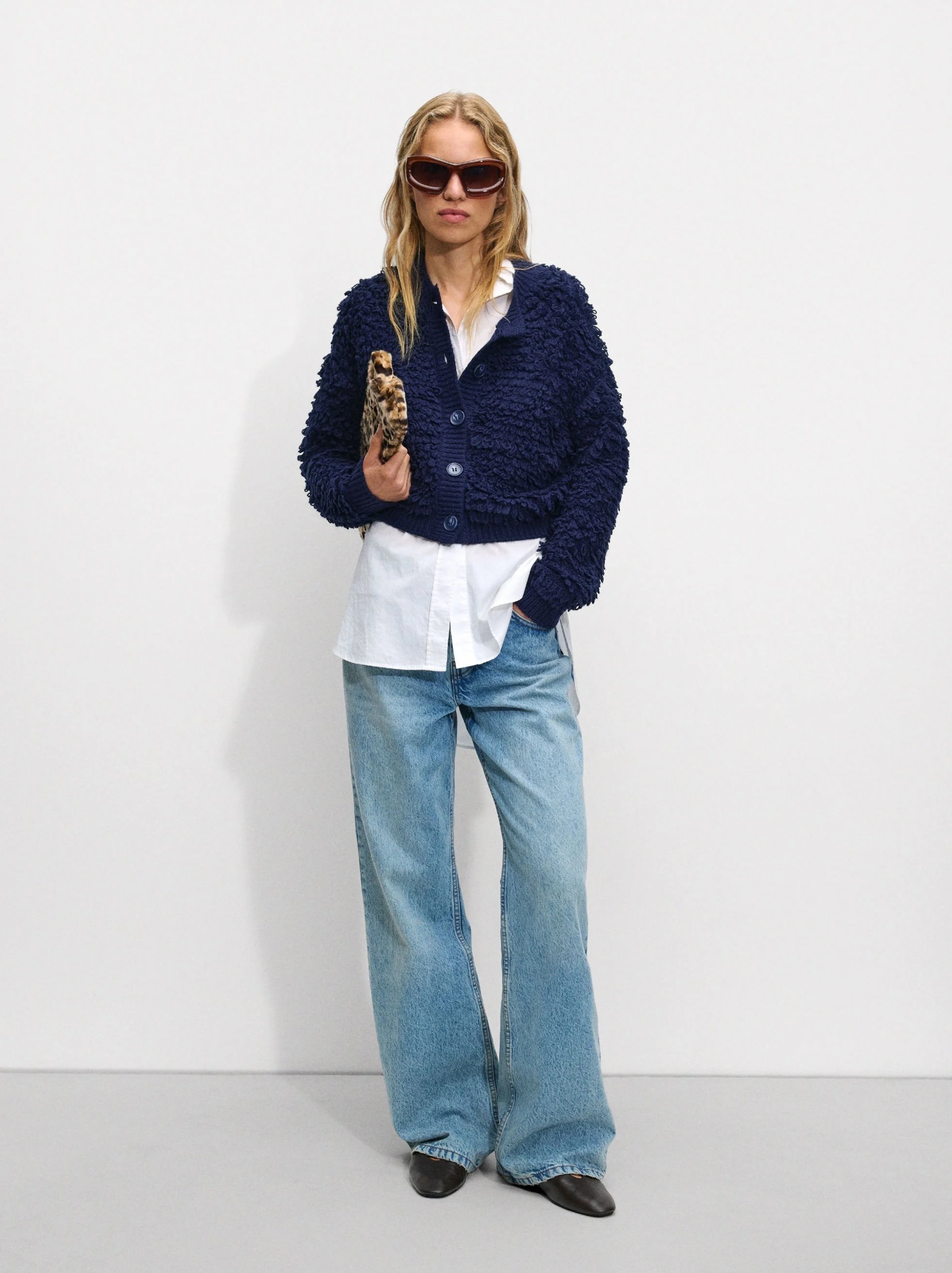 Navy Textured Cardigan Over Button-Down Shirt and Denim Jeans — Winter Layering Outfits