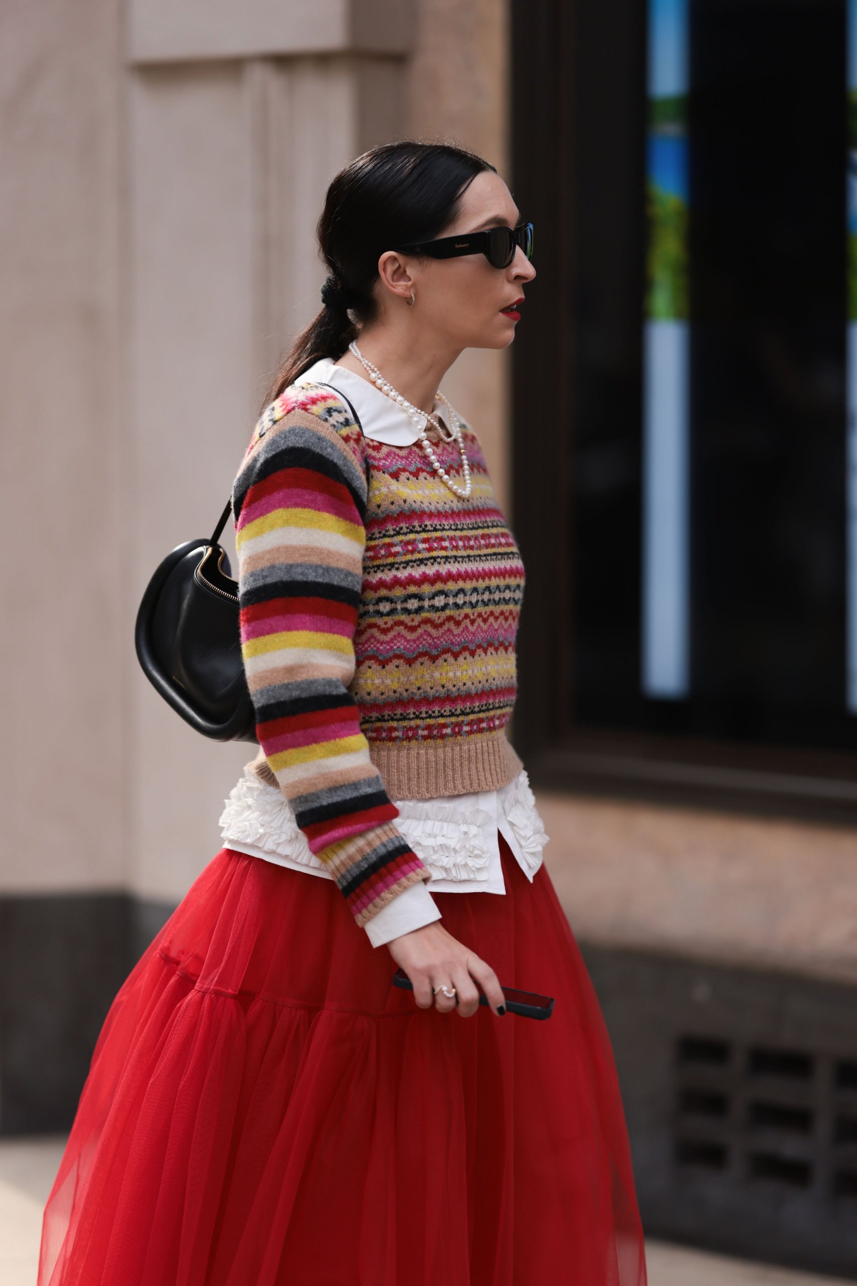 Ruffled Shirt, Striped Sweater, and Voluminous Tulle Skirt — Winter Layering Outfits