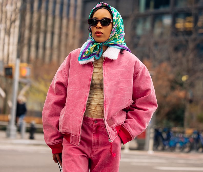 Pink Denim Bomber Jacket Over Mesh Top and Matching Pants — Winter Layering Outfits
