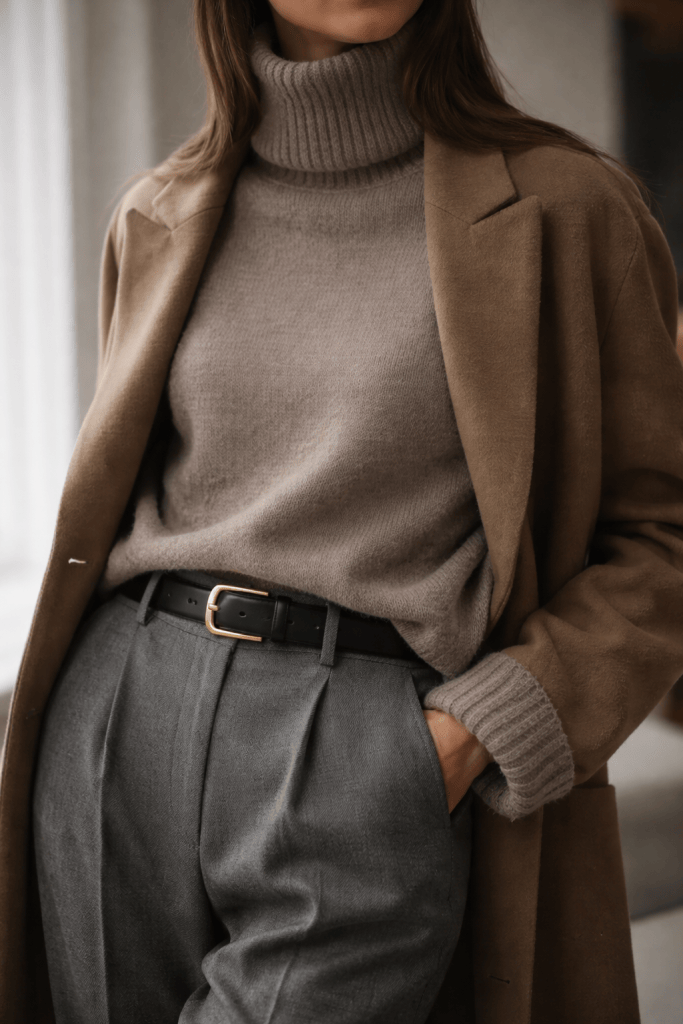 Taupe Turtleneck and Tailored Trousers Under Camel Coat for Refined Style Taupe Turtleneck and Tailored Trousers Under Camel Coat for Refined Style — Winter Capsule Wardrobe