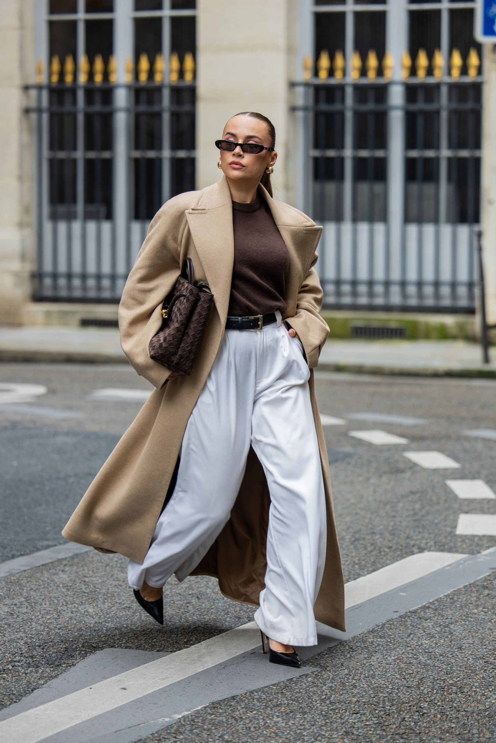 White Satin Trousers with Camel Wool Coat White Satin Trousers with Camel Wool Coat — Winter White Outfits