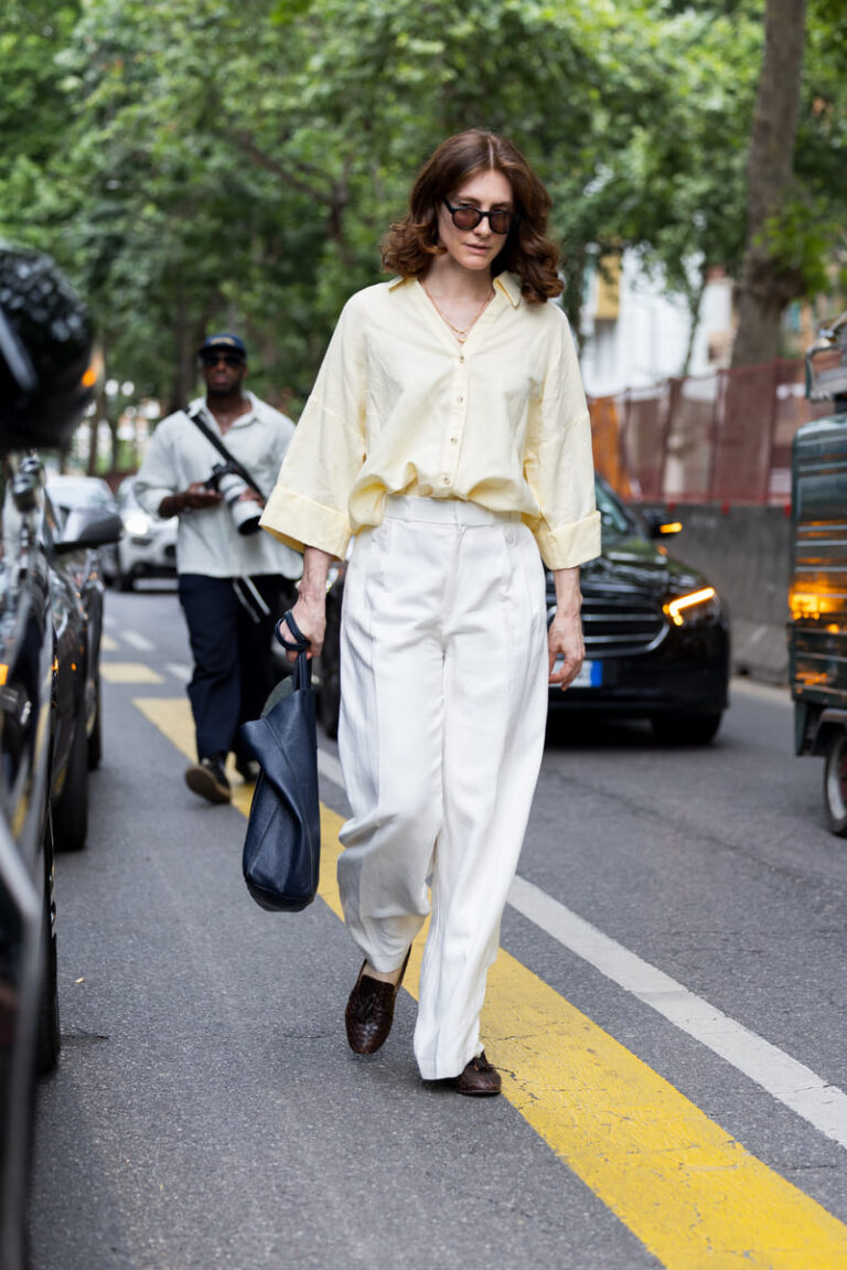 White Wide-Leg Trousers with Pale Yellow Shirt White Wide-Leg Trousers with Pale Yellow Shirt — Winter White Outfits