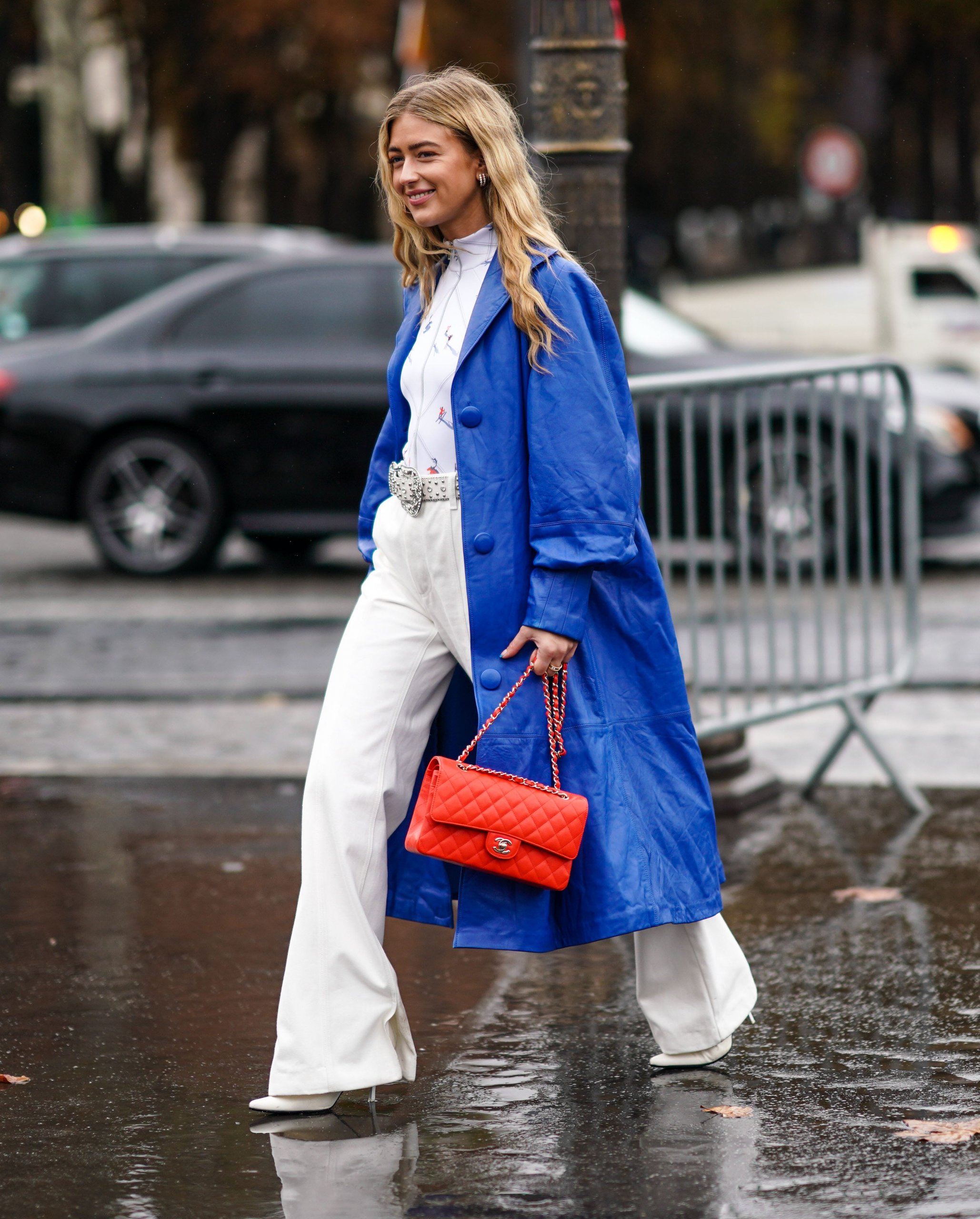 White Turtleneck with Blue Leather Trench Coat White Turtleneck with Blue Leather Trench Coat — Winter White Outfits