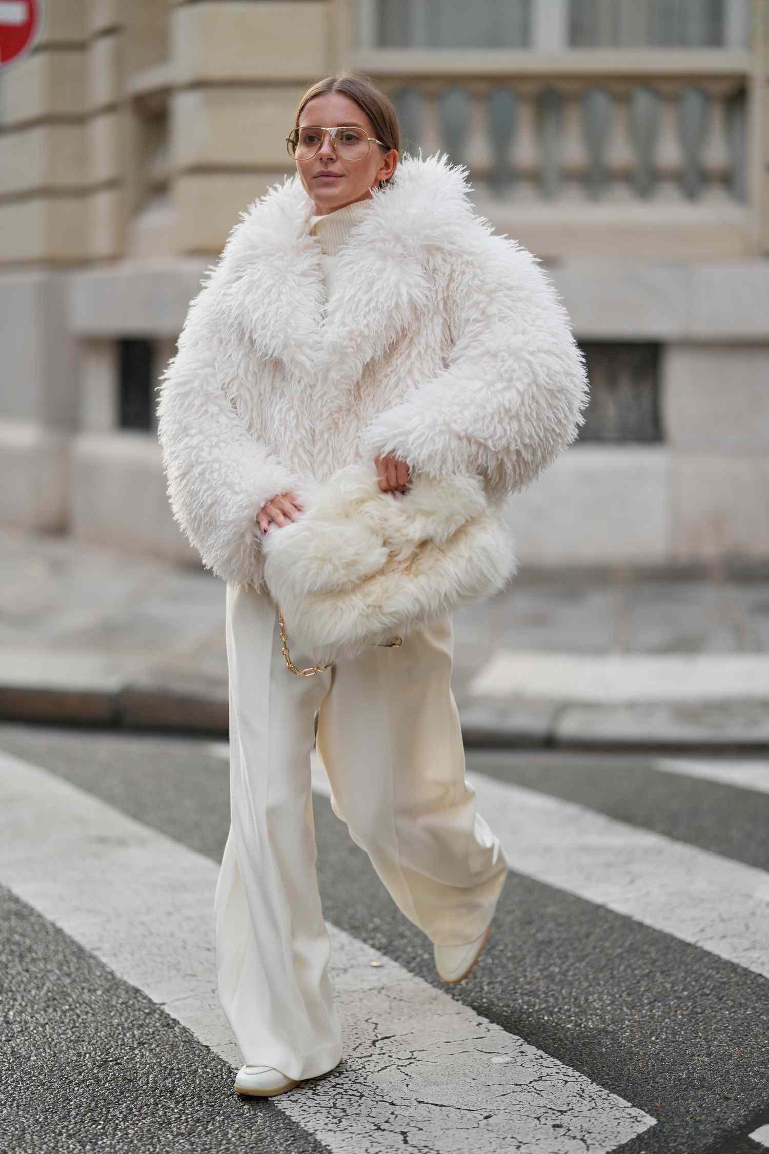 Voluminous Faux Fur Jacket with Wide-Leg Trousers — Neutral Winter Outfits