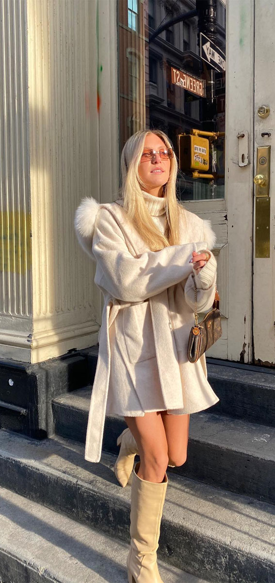 Belted Coat with Fur Trim Detail — Neutral Winter Outfits