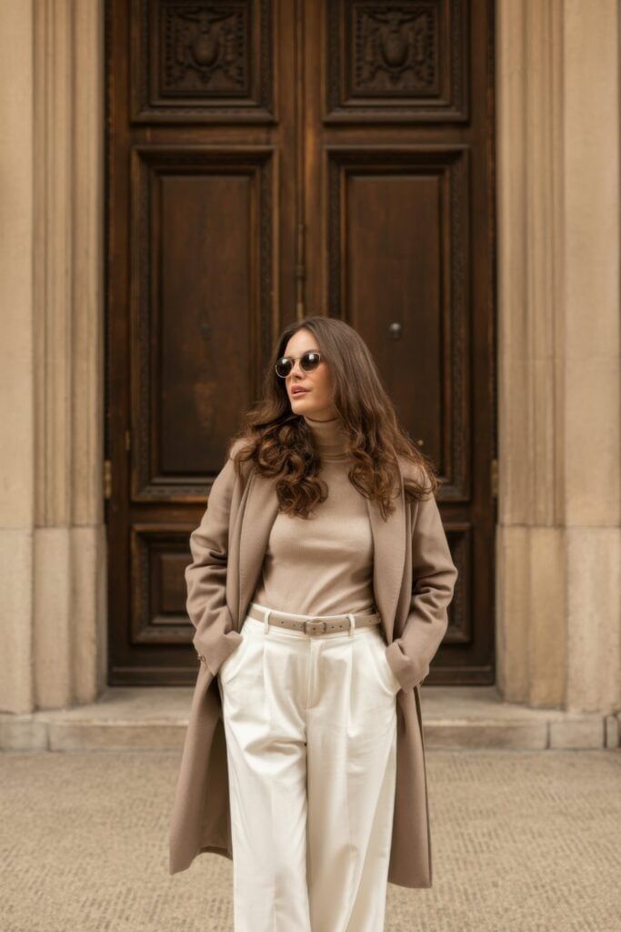 Taupe Long Coat with White Wide-Leg Trousers — Neutral Winter Outfits
