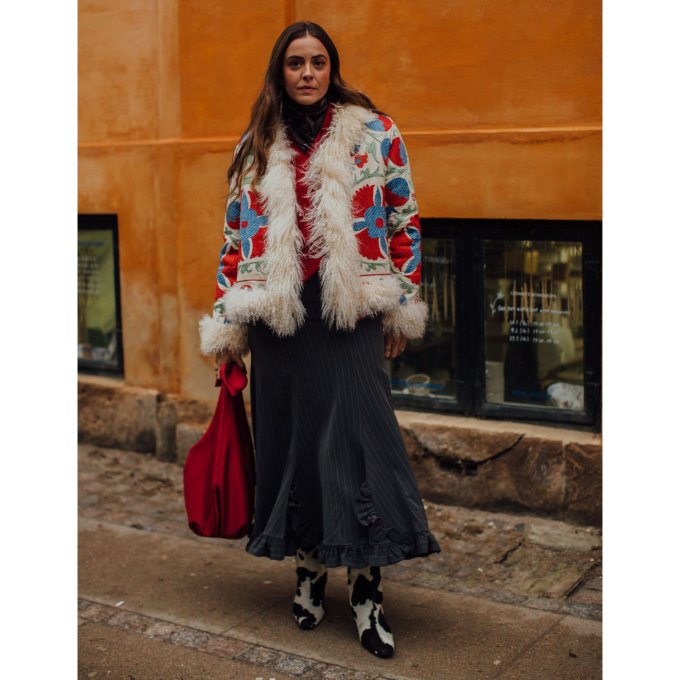 Embroidered Jacket Meets Cow Print Boots Embroidered Jacket Meets Cow Print Boots — Colorful Winter Outfits