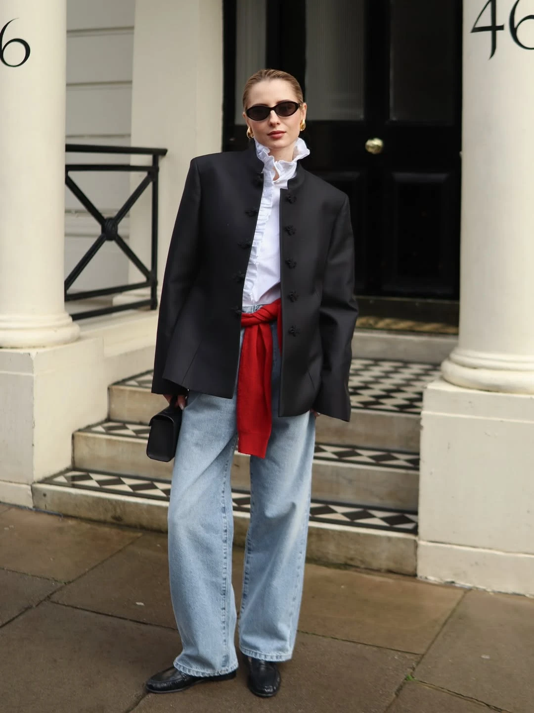 Black Blazer with Ruffled Collar and Red Sash Black Blazer with Ruffled Collar and Red Sash — London Winter Outfits