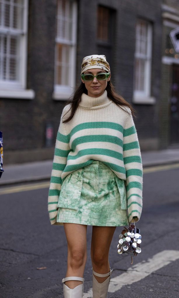Striped Knit Sweater with Tie-Dye Mini Skirt and Cowboy Boots Striped Knit Sweater with Tie-Dye Mini Skirt and Cowboy Boots — London Winter Outfits
