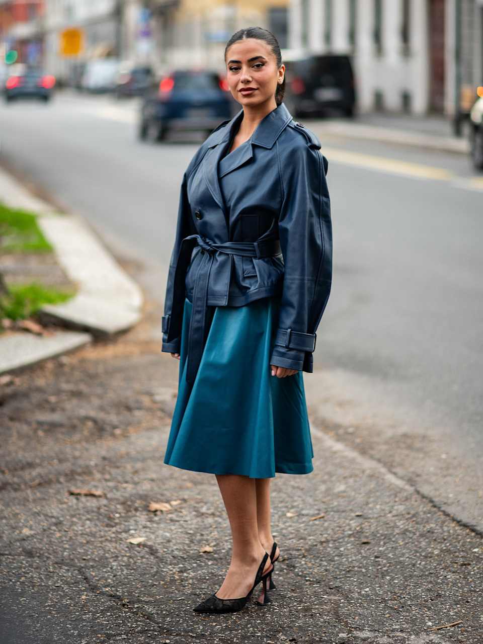 Deep Blue Leather Trench Coat with Teal Satin Midi Skirt Deep Blue Leather Trench Coat with Teal Satin Midi Skirt — Italy Winter Outfits