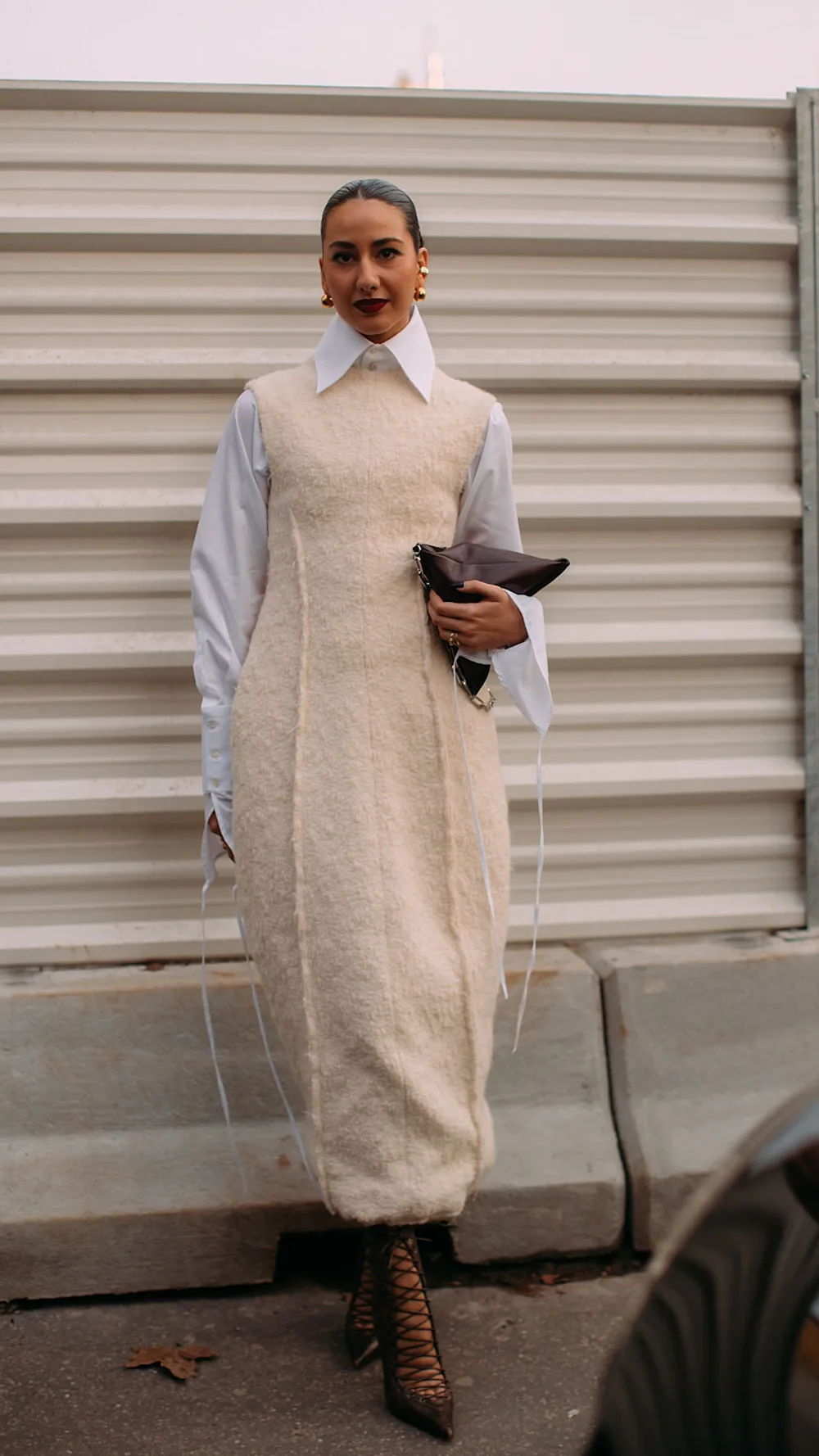 Cream Knit Sleeveless Dress with White Shirt and Lace-Up Heels Cream Knit Sleeveless Dress with White Shirt and Lace-Up Heels — Italy Winter Outfits