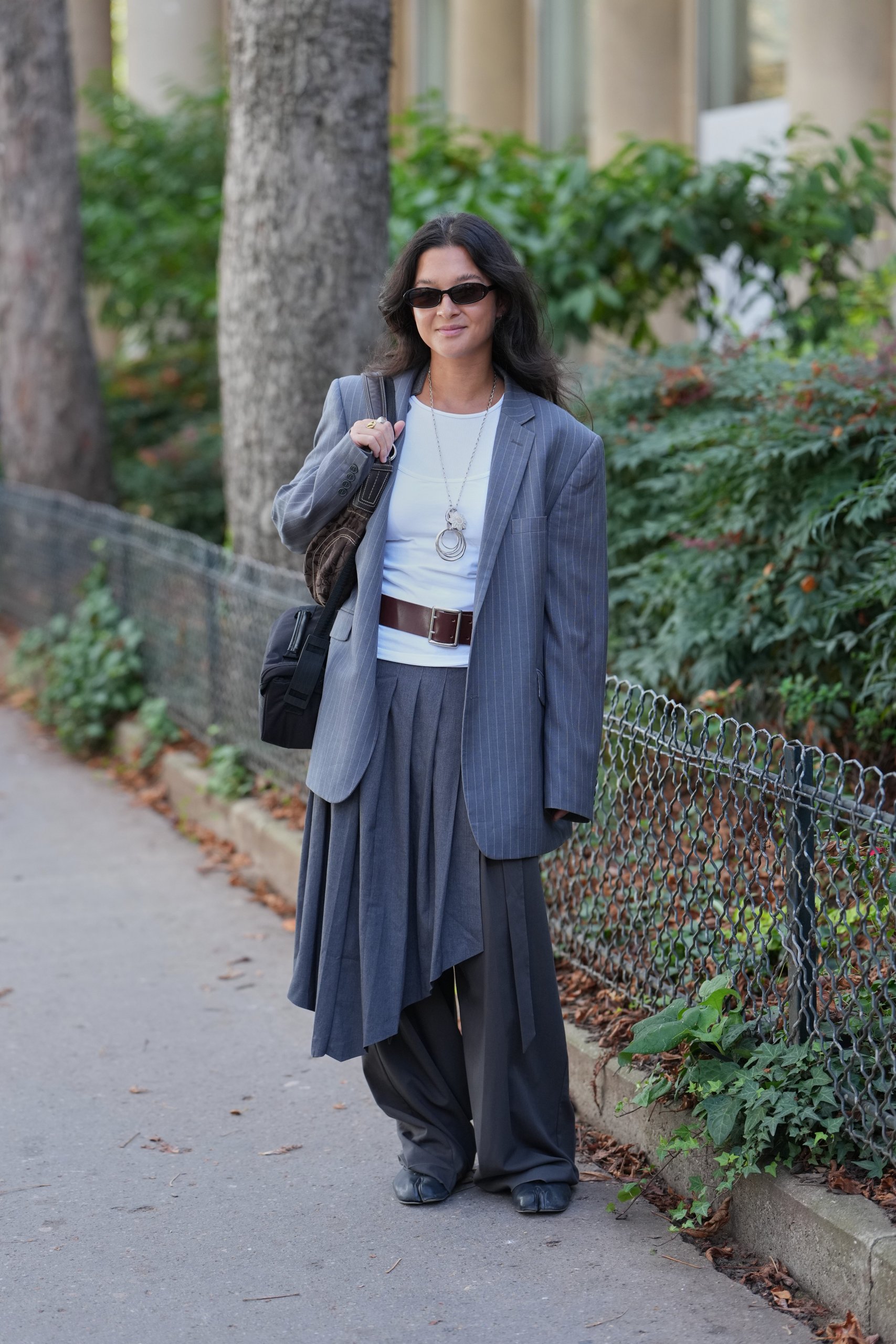 Pinstripe Blazer with Asymmetrical Skirt Layering Pinstripe Blazer with Asymmetrical Skirt Layering — Japan Winter Outfits