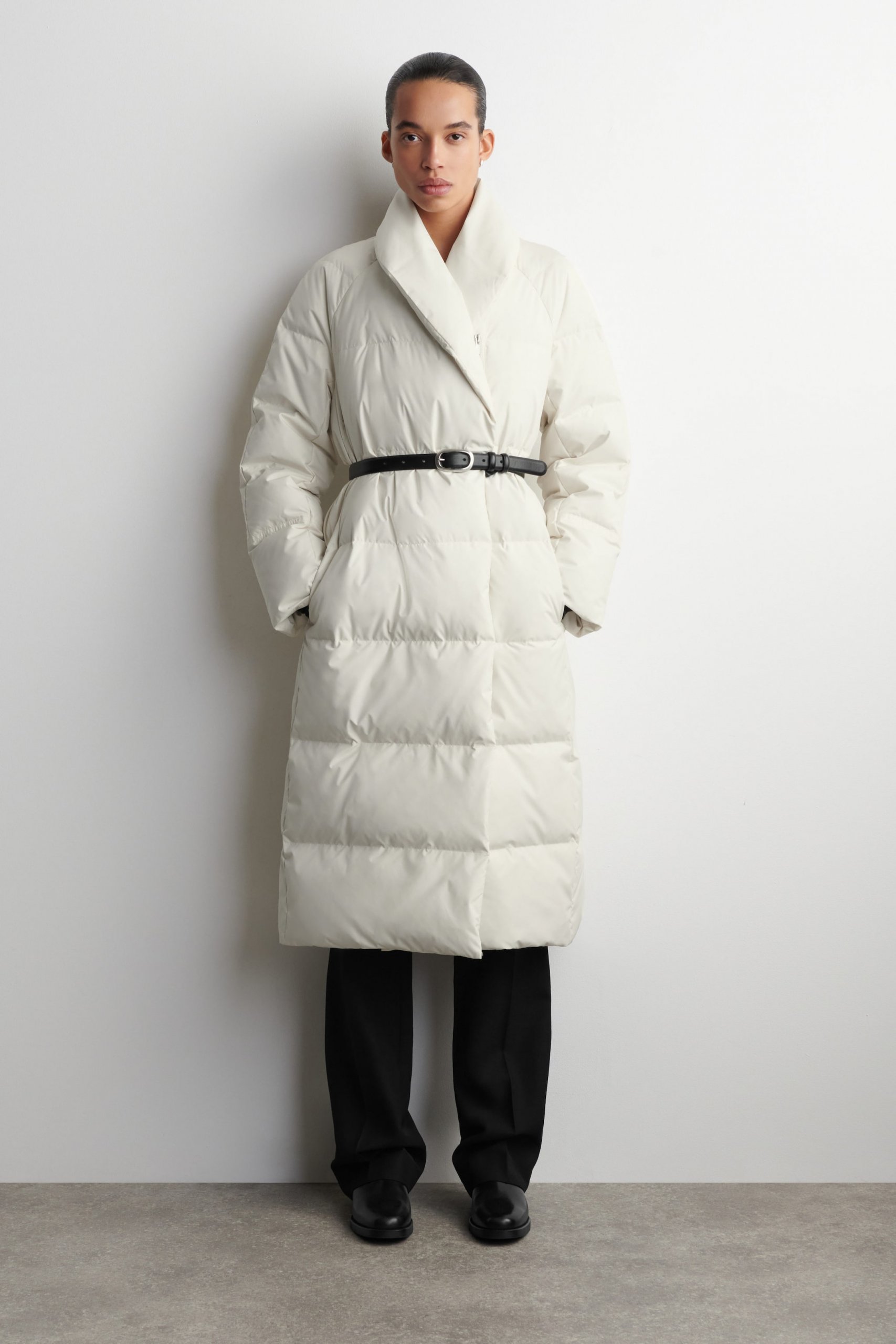 Cream Puffer Cinched with Belt for a Chic Silhouette Cream Puffer Cinched with Belt for a Chic Silhouette — Long Puffer Coat Outfits