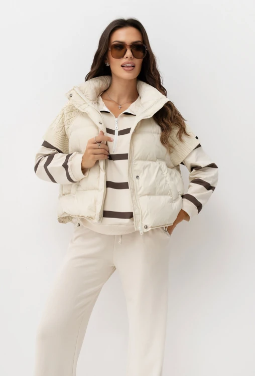 Cream Puffer Vest with Striped Knit and Sweatpants — Puffer Vest Outfits