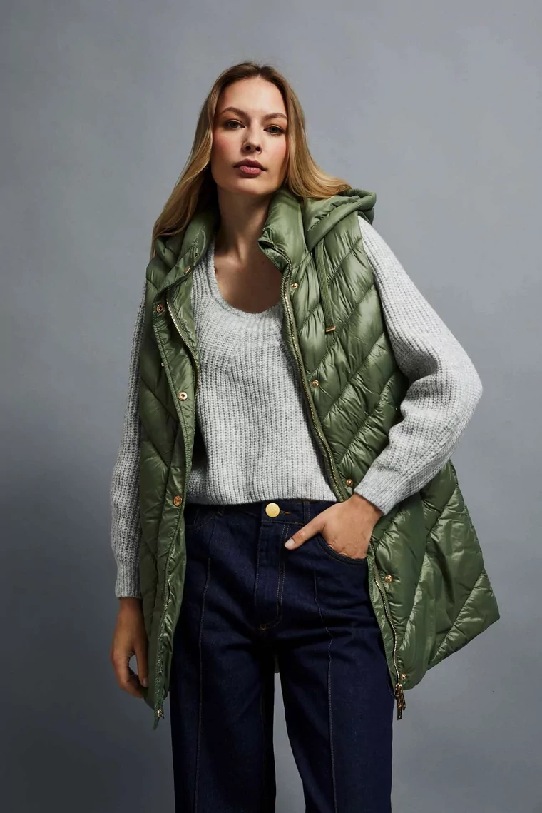 Olive Green Puffer Vest with Gold Buttons and High-Waisted Jeans — Puffer Vest Outfits