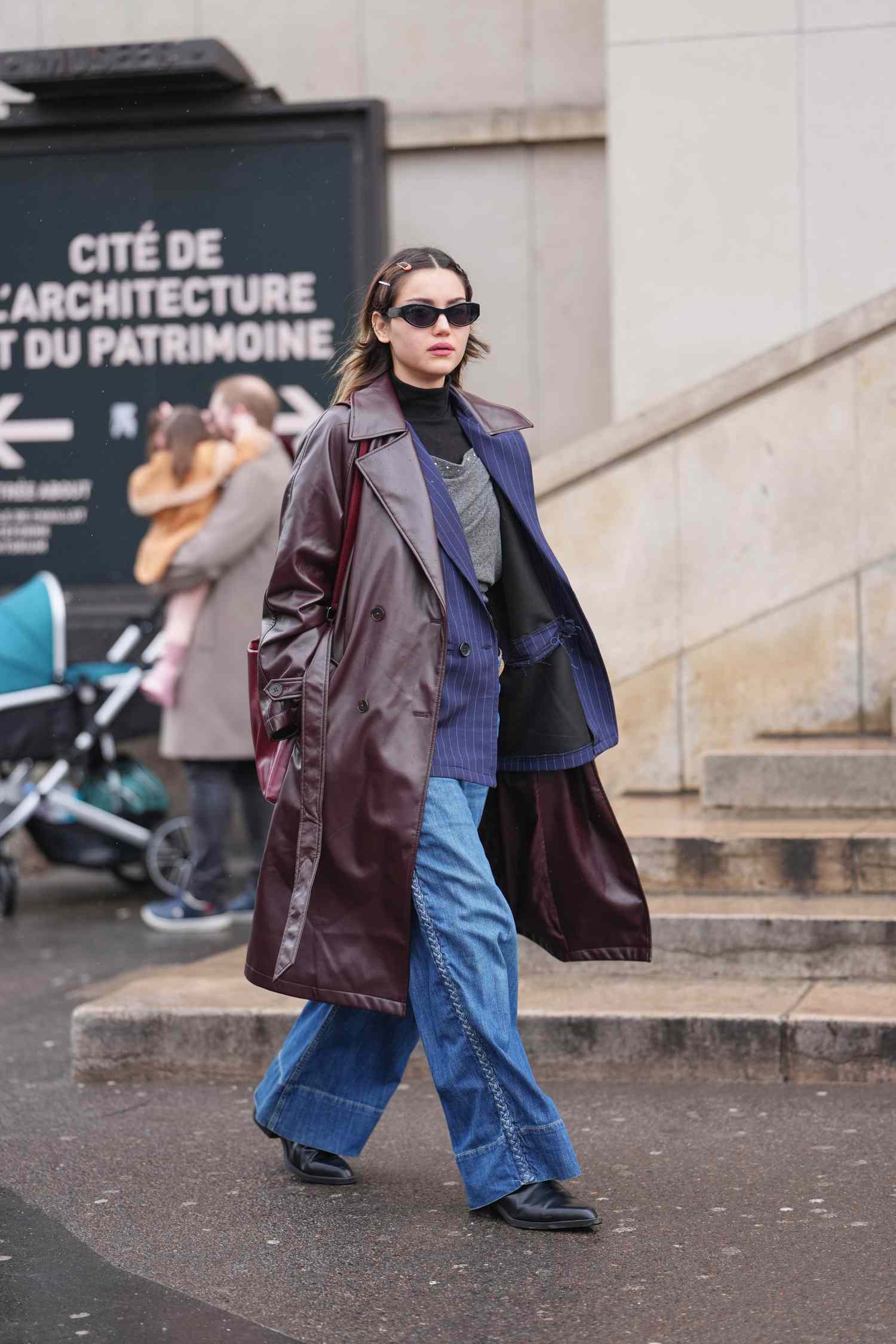 Burgundy Faux Leather Trench Coat with Pinstripe Blazer — Long Coat Outfits