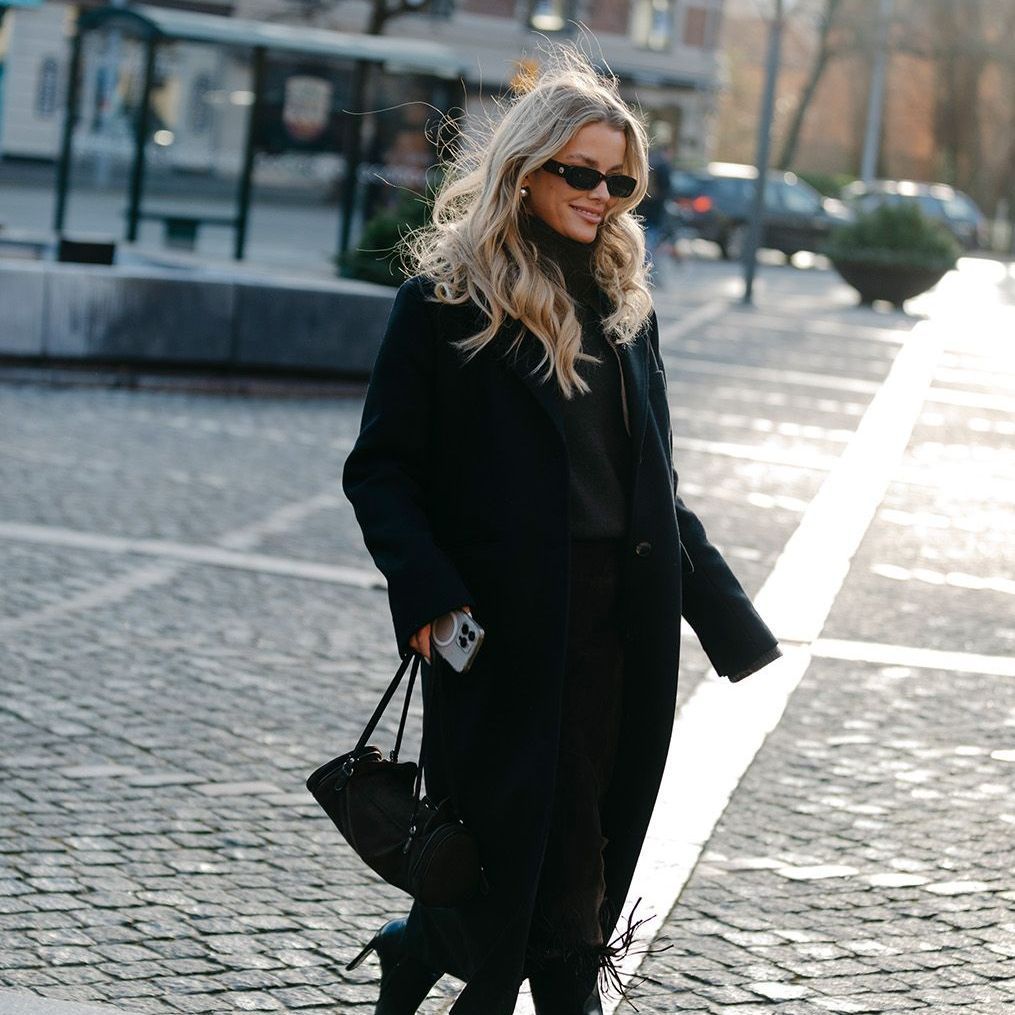 Monochromatic Black Coat with Feather-Trim Trousers — Black Coat Outfits