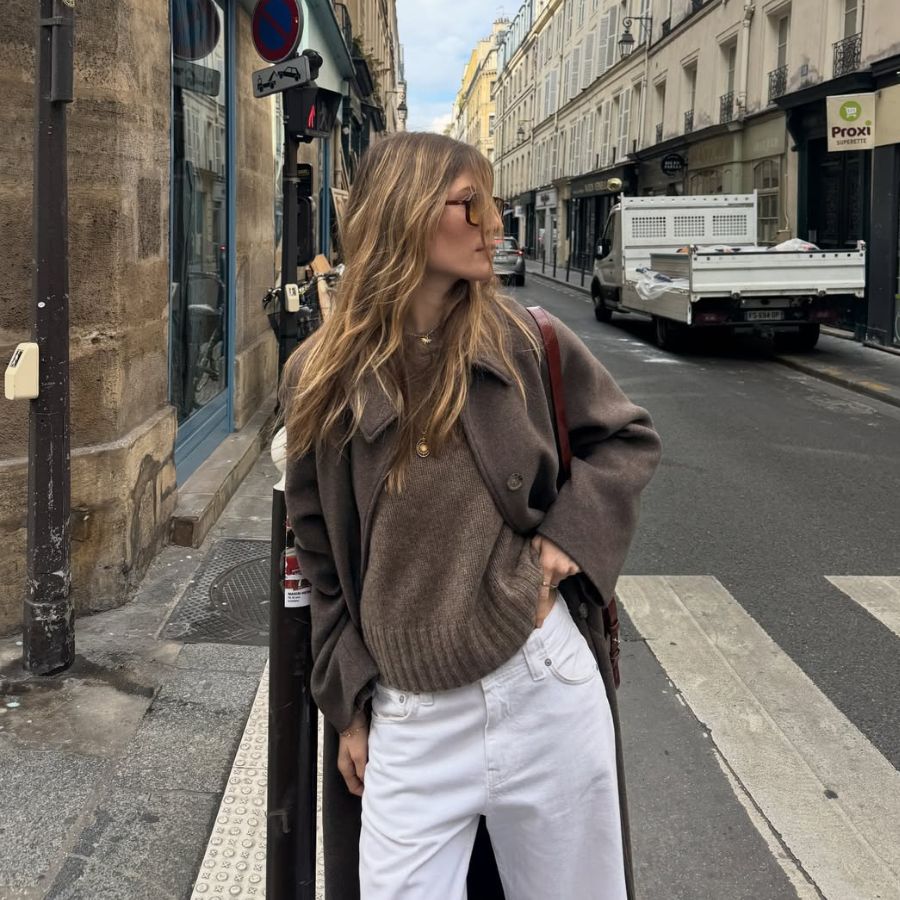 Textured Brown Coat Over Knit Sweater and White Trousers for a Chic Look Textured Brown Coat Over Knit Sweater and White Trousers for a Chic Look — Brown Coat Outfits
