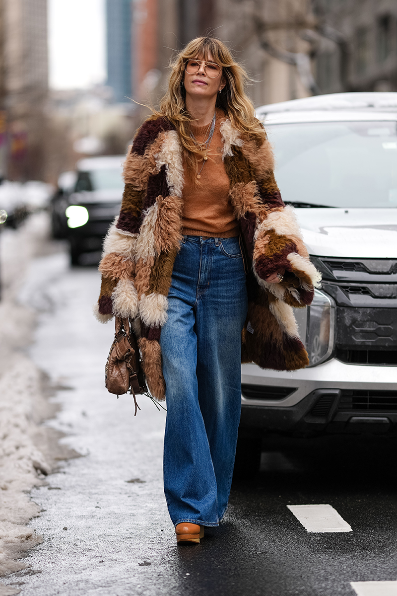 Eclectic Patchwork Faux Fur Coat with Rust Sweater Eclectic Patchwork Faux Fur Coat with Rust Sweater — Faux Fur Coat Outfits