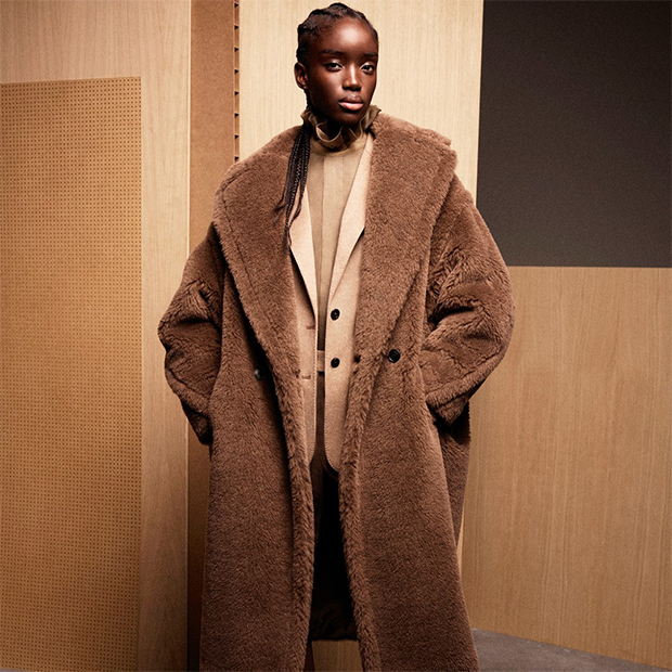 Oversized Brown Teddy Fleece Coat Over a Beige Suit — Teddy Coat Outfits