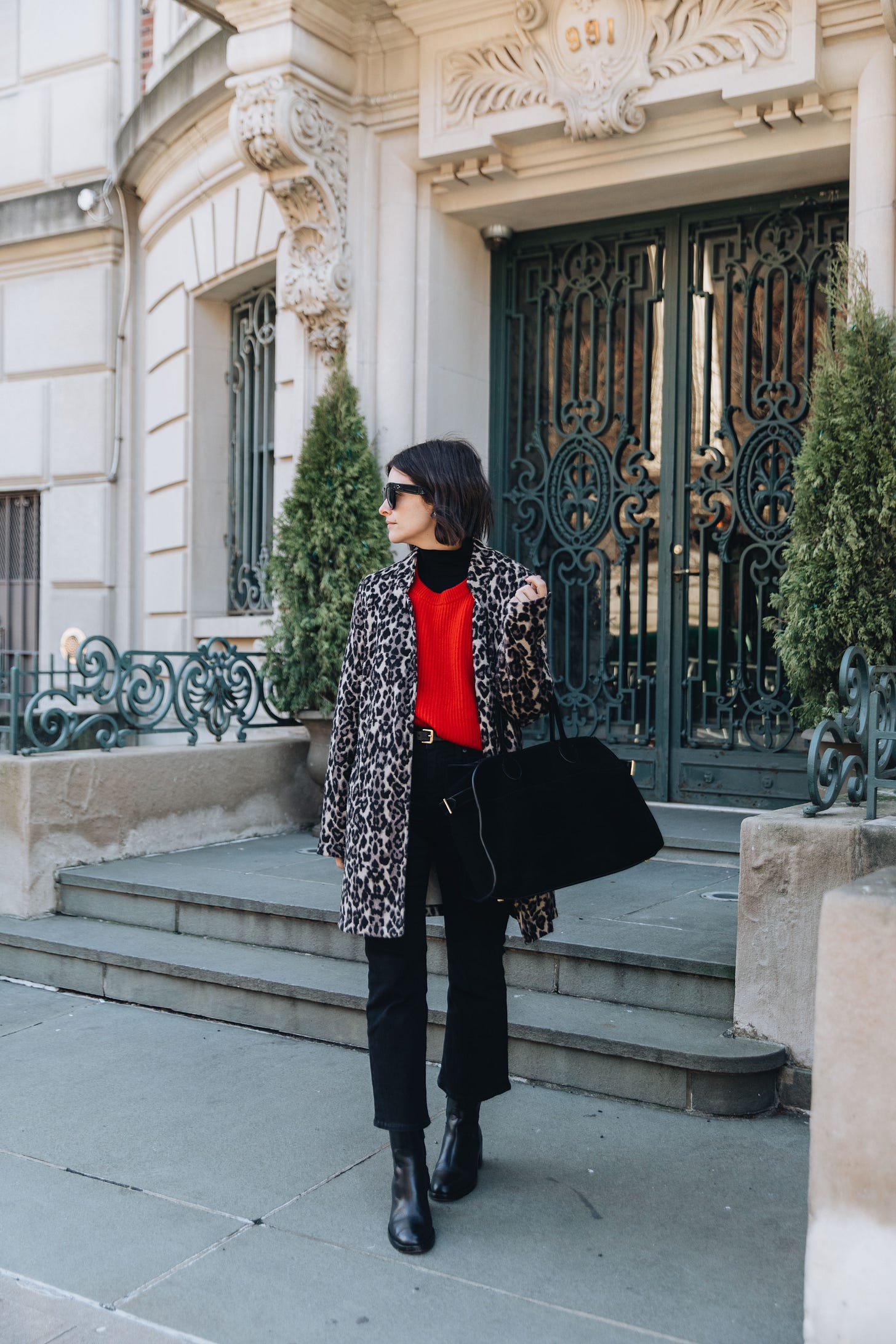 Casual City Leopard Coat with Red Turtleneck Casual City Leopard Coat with Red Turtleneck — Leopard Coat Outfits