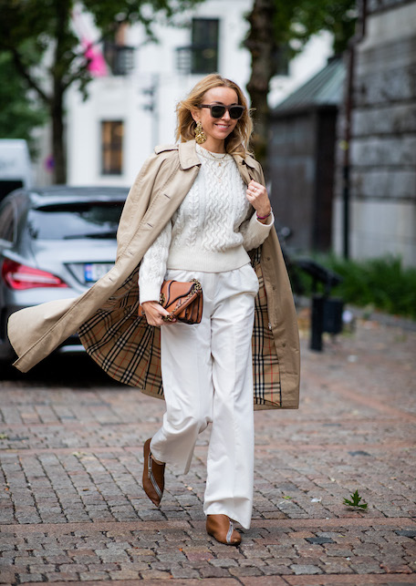 Cream Cable-Knit Sweater with Wide-Leg Pants and Trench Coat Cream Cable-Knit Sweater with Wide-Leg Pants and Trench Coat — Sweater Outfits
