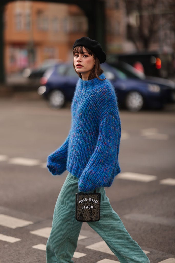 Vibrant Blue Textured Knit Sweater with Teal Corduroy Pants Vibrant Blue Textured Knit Sweater with Teal Corduroy Pants — Sweater Outfits