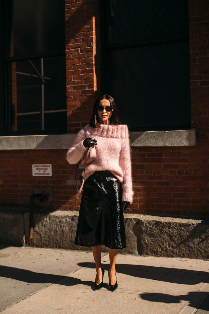 Pale Pink Fuzzy Off-the-Shoulder Sweater with Patent Leather Midi Skirt Pale Pink Fuzzy Off-the-Shoulder Sweater with Patent Leather Midi Skirt — Sweater Outfits