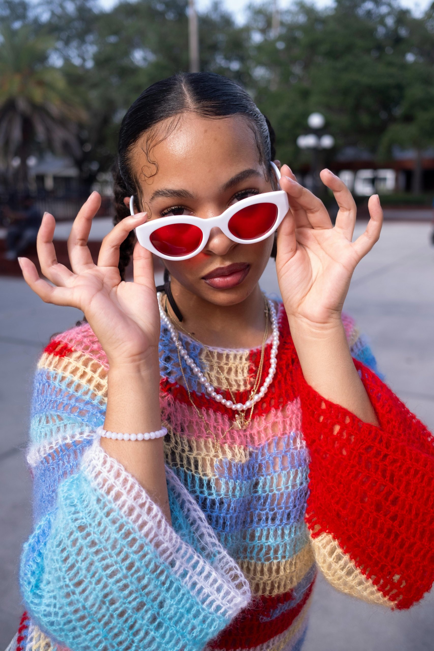 Multicolor Crocheted Sweater and Pearls: Cozy Y2K Nostalgia Multicolor Crocheted Sweater and Pearls: Cozy Y2K Nostalgia — Y2K Winter Outfits