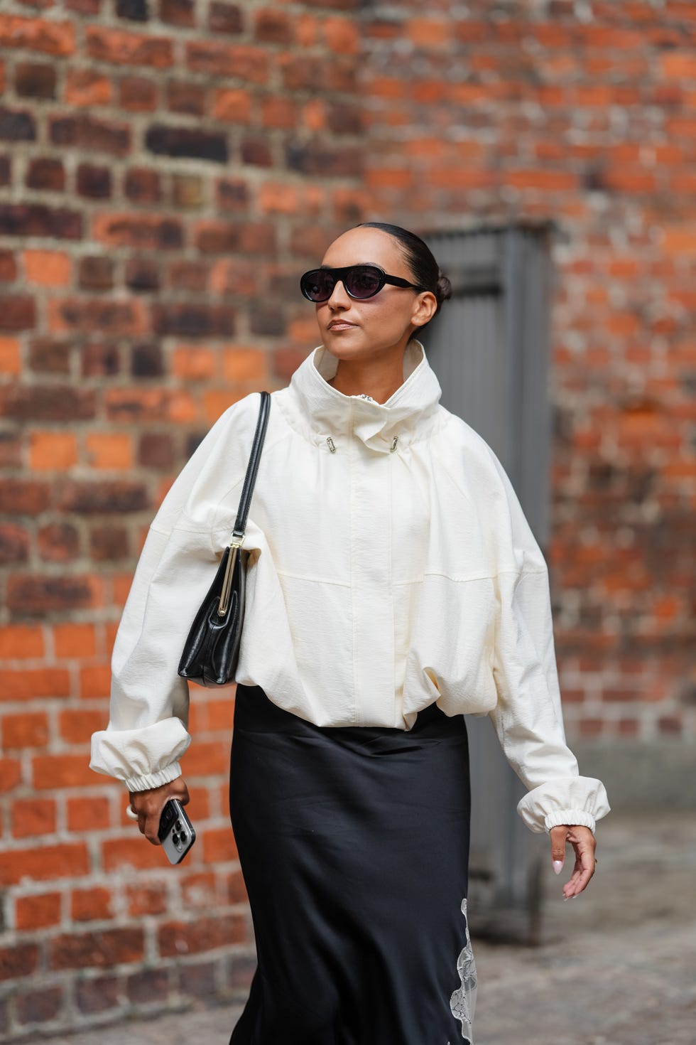 Cream Textured Jacket with Black Satin Skirt Cream Textured Jacket with Black Satin Skirt — Parka Outfits