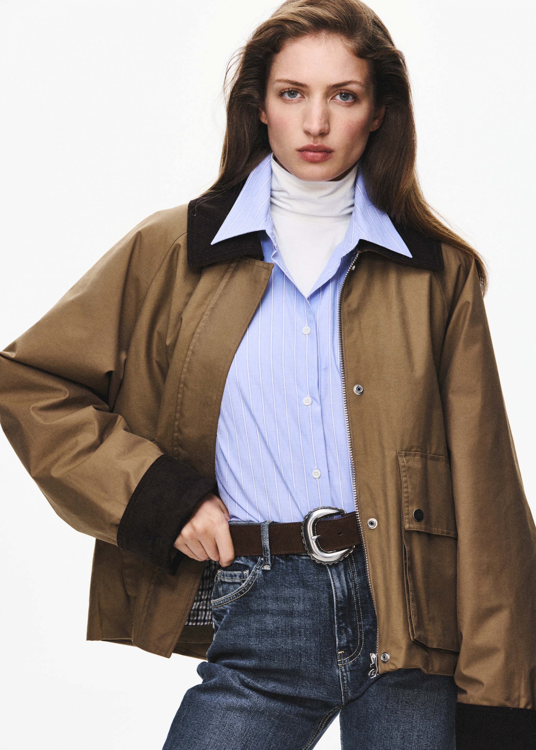 Brown Relaxed Parka with Striped Shirt and Statement Belt Brown Relaxed Parka with Striped Shirt and Statement Belt — Parka Outfits